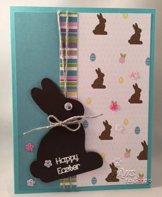 Happy Easter
Cardstock:  The Stamps of Life*
Pattern Paper:  The Stamps of Life*
Stamps:  Stamp Set from February Card Kitc
Dies:  Chocolate Bunny and Bow Dies from The Stamps of Life
Ink:  Close To My Heart
Ribbon:  Twine from The Stamps of Life
Other:  Google Eyes and Flower Sequins from Pretty Pink Posh

*from The Stamps of Life February Card Kit

