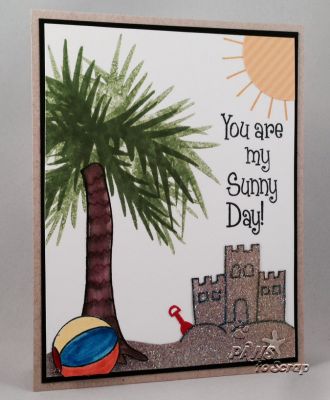 You Are My Sunshine
Cardstock:  Neenah and Stampin' Up
Pattern Paper:  Little Yellow Bicycle
Stamps:  The Stamps of Life island2visit and summer4fun
Ink:  Stampin' Up, Memento, Versamark and Distress Markers
Other:  Stampin' Up Heat and Stick Powder and Dazzling Diamonds Glitter

Keywords: summer4fun island2visit
