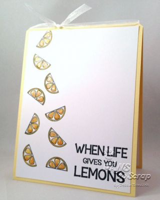 Make Lemonade
The inside of this card (not shown) shows a small glass of lemonade and says "Make Lemonade."  I actually "amputated" the "make lemonade" portion of the stamp from the full sentiment so I could use "When life gives you lemons" on the outside, and "make lemonade" on the inside.  
Keywords: lemonade2drink morelemonade2stamp 