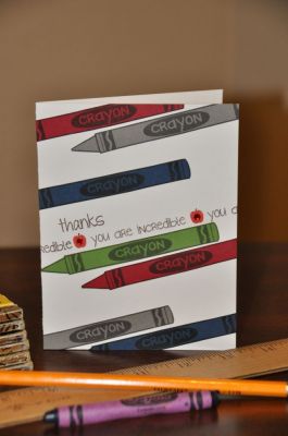 Incredible Teacher
I stamped the crayon image multiple times onto colored cardstock and then cut them out and positioned them onto a blank notecard.  I then stamped the title using the tinytitles2stamp set and separated the words with little apples from the trees2build set. I added some gems on the apples for a little bling.
Keywords: crayon teacher thanks