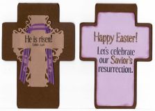 Easter gold cross/brown cross
Brown card-stock cut in the shape of a cross that hinges at the top. Antique gold die-cut cross with purple ribbon. Inside is purple cross cut to fit just inside the brown cross, stamped and glittered.
Keywords: Easter, cross