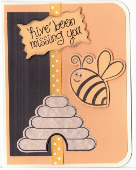 "Hive" Been Missing You
I made this card for Operation Write Home.  It will be sent to a US military base somewhere around the world.  A member of the army, marine corp, air force or navy will be able to send a hand-written message home using this card. Unfortunately, the yellow paper shows up as orange.  I don't know how to fix that.
Keywords: bee4me hive4bees