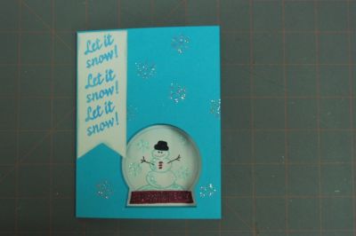 Let it snow/SnowGlobe
Outside of card. Die used to cut shape of snow globe on front of card. Snow globe glued to inside of card.  Die used to cut shape of Merry Christmas and popped on inside of card.
Keywords: Snow globe