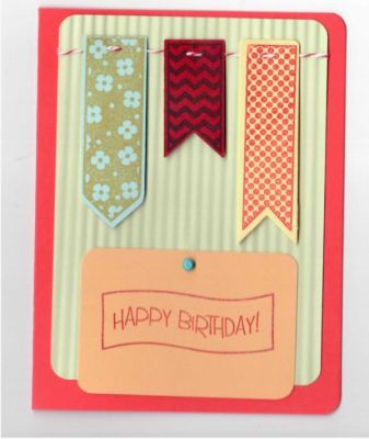 Operation Write Home Birthday Card
Birthday card with stamped and die cut banners and Happy Birthday.  Banners are strung on crimped card stock, glued to card stock base.  This card is blank inside for the soldier to write a note and send it to a loved one.
Keywords: Banners Birthday OWH