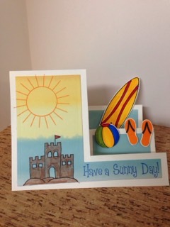 Have a Sunny Day
I fussy cut the surf board and flip flops and ball. Layered with The Stamps of Life patterned paper. I chose it because it was perfect for a beach background. Stamped and colored all pieces. Sun was stamped no coloring needed. 
