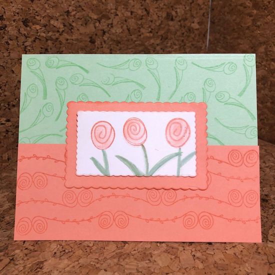 Flowers2share Birthday
Flowers2share stamp set used for background stamping in matching colors. 
Keywords: Canteloupe ink and cardstock, mint chip ink and cardstocks