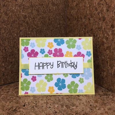 Hibiscus Birthday 
Quick card using the beautiful pattern paper. Lemonade ribbon and a stamped sentiment. 
