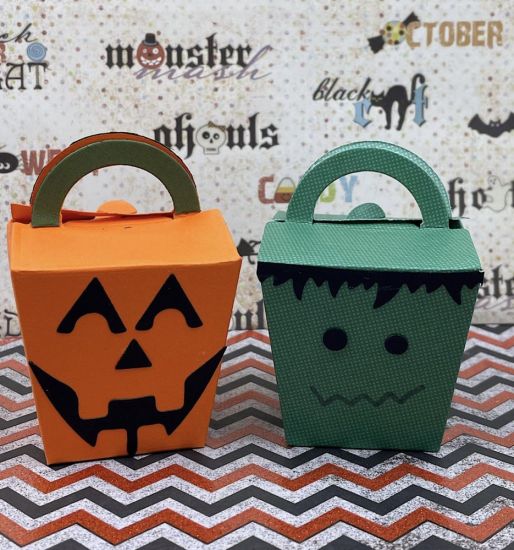 Trick or Treat Small Take Out Box
Layered the pumpkin treat box with faces from the Pumpkin fold it kit. Frankenstein hair was made with grass die and hole punched eyes. Licorice marker hand drawn mouth 
Keywords: treat box
