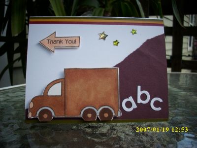 Alphabet Truck
Created this as a Thank You card for a pre-school teacher. ABC's are cut from dies.
Keywords: Cars2Drive, Crayons2Stamp