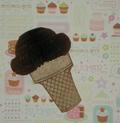 Chcolate
Made using Stamps of Life "scream4icecream", brown Honey Pop paper for the ice cream and tan fun foam for the cone.  Crystal Creations Hot Chocolate embossing powder. I'm not sure if you can get the embossing powder anymore. But it smells like chocolate.
