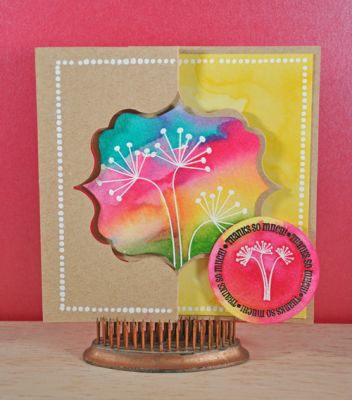 Thanks
The circle punch on the front helps hold the card closed.

Stamps: Thanks2You by the {stamps} of Life
Ink: ColorBox Popcorn White Chalk Ink by Clearsnap, Black Mix'd Media Inx by Clearsnap
Paper: Straw 110# and Banana Pop-Tone cardstock by DCS, cold-pressed Watercolor paper by Fabriano
Other: White embossing powder by Ranger, Fancy Frame Flip-It by Sizzix, circle punch by EK Success, Mowed Lawn, Squeezed Lemonade, Peacock Feathers and Picked Raspberry Distress Stains by Ranger
Keywords: Flip-It Contest