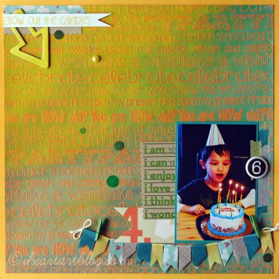 Blow out the candles!
Here's a layout I made of my son's 6th birthday! I heat embossed the repeated background on kraft cardstock with yellow embossing powder. Then I laid down various colors of gelatos and blended with a waterbrush for an embossed resist background. 
Keywords: layout, birthday4subway, 12x12, boy, emboss resist, 1-photo, faber-castell, dmc, design memory craft, gelatos