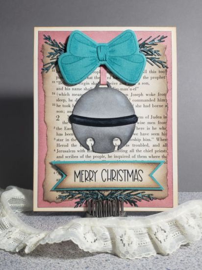 Vintage jingle
Going for a victorian feel for this card. Hard to see, but there is glitter on the bow and Merry Christmas, and the bell is embossed with clear embossing powder for shine. 
Keywords: Jinglebell2stamp, distress, vintage