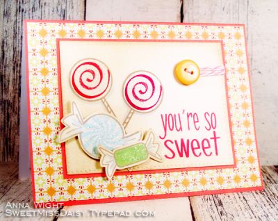 You're So Sweet
Images stamped in various shades of chalk inks, accented with glitter. Oooh la la!
Keywords: Anna Wight, Candy2Share, Candy, Sweet, Cheerful, Thank You