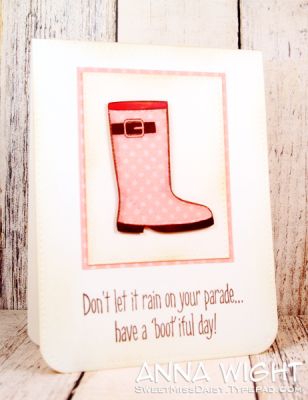 Pink Polka Dot Boot
I adore this boot! So much fun can be had with a stack of pattern paper scraps, and this set! When I trimmed out this boot, I gave it a bit of a heel simply by making a couple snips with my scissors. 
Keywords: Anna Wight, boots4rain, boot, rainboot, pink