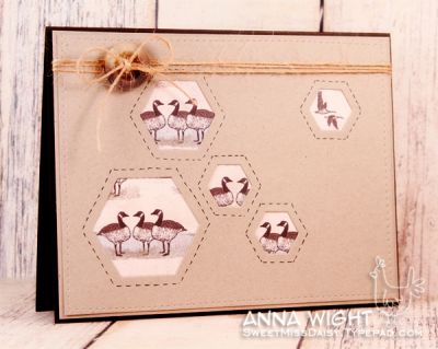 Reverse Hexagons
I used the negative space of the hexagon dies to create this "peek-a-boo" style card. Once I had the hexagons cut, I positioned the pattern paper "just right" so the geese on the paper behind the top layer showed through.
Keywords: hexagon die