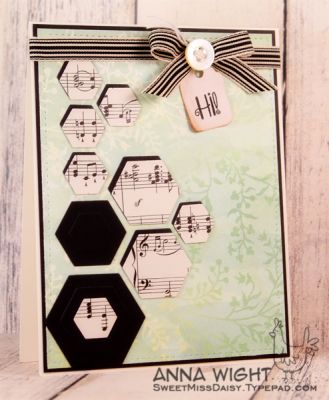 Hi! Hexagons
Used die cut hexagons and old sheet music to create this card.
Keywords: hexagon die