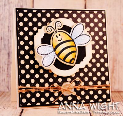 Polka Dots and Bee
Sprinkles glitter on the bee's wings, Majestic Labels #2 to create the focal area on the card.
