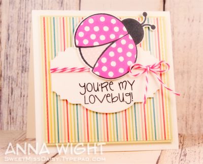 LoveBug
I used a majestic labels die to create a frame to adhere my bug to and for the sentiment to be stamped on, to create the focal point for the card. The ladybug is stamped in pink and black Stephanie Barnard inks.
