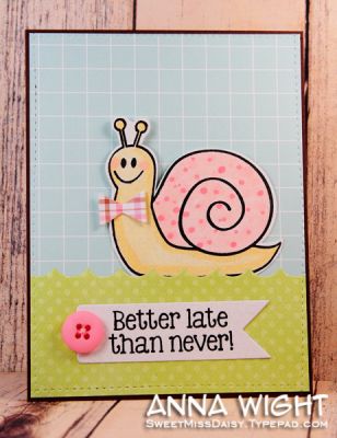 Better Late Than Never!
I adore this snail! So fun to color!

Scalloped border die, kite "bow" from the KITES stamp/framelit set from Sizzix/Stephanie Barnard, Banner framelit from Banners #2 Sizzix/Stephanie Barnard
