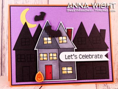 Spooky Neighborhood
I used die cuts from Solids4Halloween, houses from Houses4Us, and a sentiment from Stars4You2 to create this fun invite. 

I stamped the houses on black paper, with black ink. It shows enough to give lines for cutting, and a hint of detail on the houses.
Keywords: solids4halloween stars4you2 houses4us