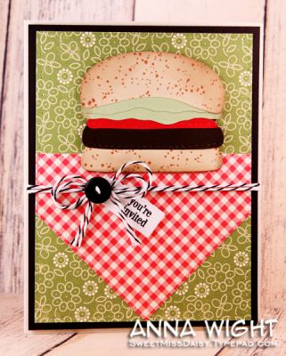 BBQ Invite using PHONE Die
I used the Phone Die to create this BBQ invite card!
Using the phone die, I diecut 4 colors of cardstock ... speckled, green, red, and dark brown. Using scissors, I snipped the die cut phones into layers that looked like layers of a hamburger! This was a super fun project to make ... you could add a yellow layer for cheese, too!
