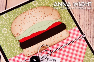 BBQ Invite DETAIL made using PHONE Die
I used the Phone Die to create this BBQ invite card!
Using the phone die, I diecut 4 colors of cardstock ... speckled, green, red, and dark brown. Using scissors, I snipped the die cut phones into layers that looked like layers of a hamburger! This was a super fun project to make ... you could add a yellow layer for cheese, too!
