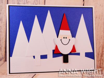 SANTA Tree!! :)
Hi used the tree die to cut trees out of black red, cream, and white paper. For Santa's beard, I used the small penguin die and cut him out of white cardstock. I trimmed off the lower part of his body, flipped him upside down, and used his head and wings to create Santa's beard. I added a face from the faces4stamps set to give Santa a grin. :)
