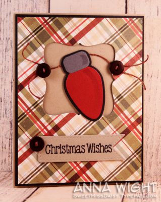A Country Feel
I die cut a window in the front of the card using one of the new Sizzix framelit sets, and then strung the light across the window, adding buttons for extra "cute" factor. :)
