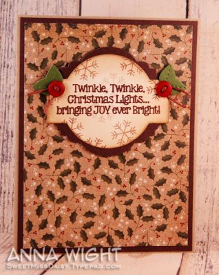 Reds and Browns
Another country feeling card, using a couple of framelits for the layered sentiment piece, leaves from the Words & Tags Sizzix stamp/framelit set for the holly, and a couple of buttons stand in for holly berries.

Snowflake stamp is from the Joy2Christmas stamp set.

