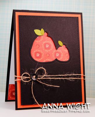 Pumpkin Negatives
First I die cut one pumpkin from the black paper. Then I die cut a second pumpkin from the black paper, allowing the second die to overlap the opening of the first. The result is two pumpkins, side by side. *Yay!* Patterned paper behind adds to the seasonal charm.
Keywords: Solids4Halloween