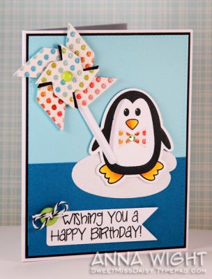 Birthday Penguin Pinwheel
Used the lily pad die from the Froggy die set for the "ice", the bow from the Kites die set for his bow-tie, and masked the sentiment while stamping, so it fit on my banner tag. :)
