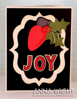 JOY
A quick Christmas card using the Lights die, holly emboss/cut, fancy labels, and alpha dies!
