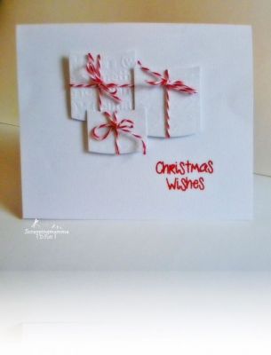 Gift boxes 
To make this very simple card. I embossed three papers and then used my PB&J dies to cut them out. I used my stamp from the Ornaments4christmas stamp set. 
