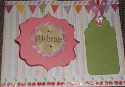 Decorative Flip It Cupcake Inside
I used the decorative flip it die. I cut out an extra middle section of pink textured paper. The "Celebrate" is a purchased decorative chipboard.  I made a tag for a place to write a message. The tag is a Sizzix Scallop Combo Tag die. I used ribbon on the tag.
Keywords: Decorative Flip It die