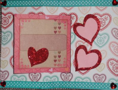 Square Flip It Valentine Inside
I cut out the flip it die, then cut the square portion out of another paper. The kraft sentiment paper was used with also punching hearts on the corners. The red glitter heart is a the middle of the double heart die. I added two on the side with glitter outside hearts and pink inside hearts. 
Keywords: square flip it die, Sizzix heart double die