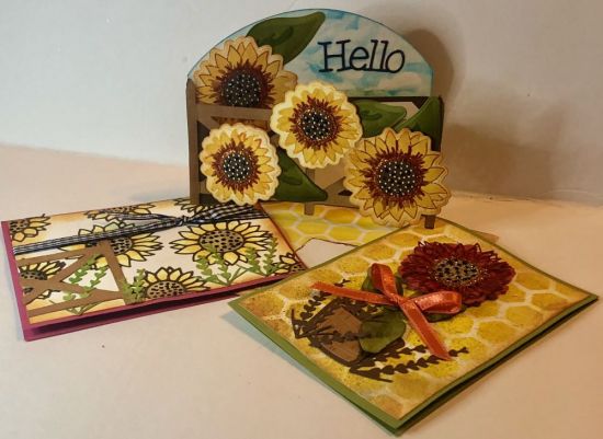 all the cards
Keywords: Hello Sunshine stamps, dies and the dual honeycomb/cloud stencil