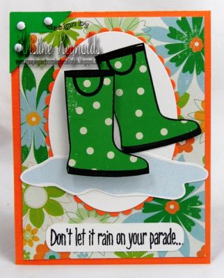 Don't Let it Rain
Stamps: Boots4 rain from The Stamps of life
Ink: Memento Tuxedo Black and Sky Blue
Paper: memory Keepers patterned paper, Bazzill Cardstock, Mohawk white
Other: white brads, EK Success photo corner punch, 
Keywords: boots4rain, boots, rain, paper piercing