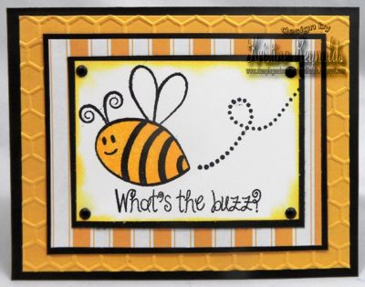 What's the Buzz?
Stamps: Bee4me
Paper: Recollections cardstock and patterned paper
Ink: Memento Tuxedo Black and Summer Sun
Other: Sizzix embossing folder, black brads
Keywords: bee, bee4me, buzz