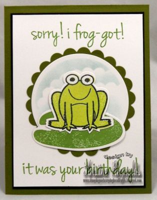 Sorry! I Frog-got!
I need a card....fast....and this one took only 10 minutes!
Stamps: Froggy2love, sayings4froggy
Paper: Bazzill Basic cardstock, Mohawk bright white
Ink: Memento Tuxedo Black, Bamboo Leaves, Pear Tart, Sky blue
Other: Froggy Dies, Spellbinders circle dies
Keywords: froggy2love, froggy dies, birthday, belated,
