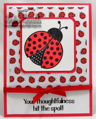 Thoughtfulness
Stamp: Ladybugs2love
Paper: Recollections cardstock and patterned paper
Ink: Memento Tuxedo Black and Ladybug Red
Other: Red Grossgrain ribbon
Keywords: ladybugs2love, thank you, ladybug