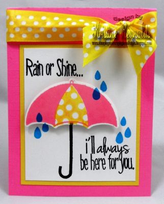 I'm Here for You
Stamps: Umbrella4you
Paper: The Paper Studio colored cardstock, Mohawk bright white cardstock
ink: Colorbox fluid chalk-rouge & yellow citrus, Memento Tuxedo Black dye ink
other: Ofray polka-dot ribbon, umbrella dies, pop dots
Keywords: umbrella, friend, rain