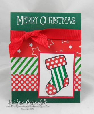 *Merry Christmas Stocking card
Merry Christmas was stamped with VersaMark ink and heat embossed with white embossing powder.
Keywords: stockings4christmas patterns4stockings stockings die