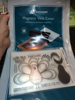 Magnets 4 Turkey
I use these magnetic heat register covers (3 pack at Lowe's/Home Depot)  They are great for storing your stamps and dies in the Sizzix envelopes.  Very easy to cut with a rotary cutter or paper cutter.  The non-magnet side is white which makes it perfect to see the stamps.  The other side is magnetic so your dies stay organized!
