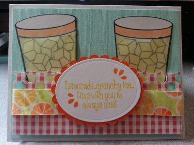 Lemonade for everyone!
I used vellum for the lemonade, stamped the glass on vellum, then colored it yellow. Then I stamped glass on white card stock.  Stamped ice cubes on separate white cardstock and cut out.  Glued cut ice cubes onto stamped glass on card stuck and then glued colored vellum on top.
