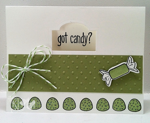 Got Candy
Stamped the gumdrops, added some glitter, a piece of cardstock run through the perfect dots folder, some twine, a piece of candy cut and stamped.  the sentiment peeks out from inside of the ornate label #4 die

