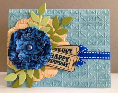 "Flowers & B-Day Tickets"
I stamp the Vanilla and Baja Breeze card stock with the tickets2stamp, then used a cuttlebug folder. 

