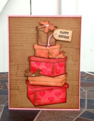 Happy Birthday Sweet Heart!
For this card I used Packages & Bows die from T.H. Distress ink, gellatos, pink thread, stamps friend, sampler2love, and tickets2stamp. Silver gems, River Rock S.U marker, and foam dots for dimension. 
