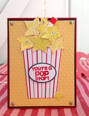"Sugar Star"
Love this whimsical card.... I used the all4stars stamp set and fussy cut the stars and glitter with S.B "chunky glitter sprinkles", water color around the stars with color pencil, foam dots, jewels.
