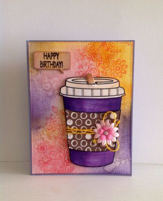 "Happy Birthday"
Distress Inks, copic markers, gellatos, flowers, thread, foam squared, black embossing powder, and wood veneer.

